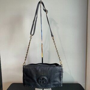 Tory Burch Whipstitch Pebbled Leather Foldover Crossbody Bag - Black - Preowned